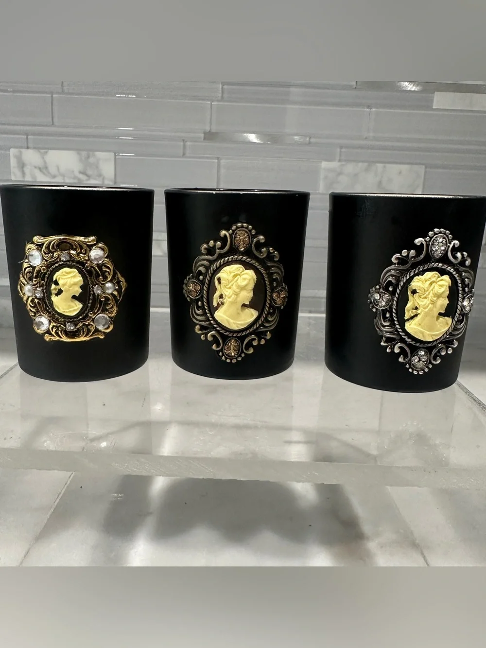 Handmade Black & Gold Soy Candle Set of 3 - Elegant Cameo Design